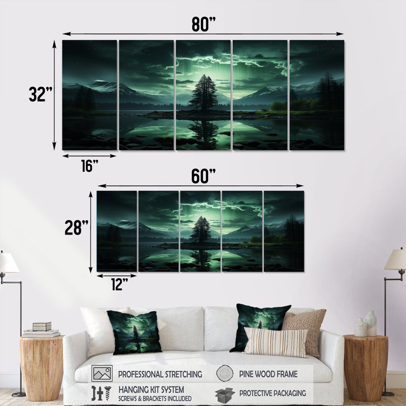 Emerald Tree In Northern Lights II - Art mural 5 pièces, H 28 po x l 60 po