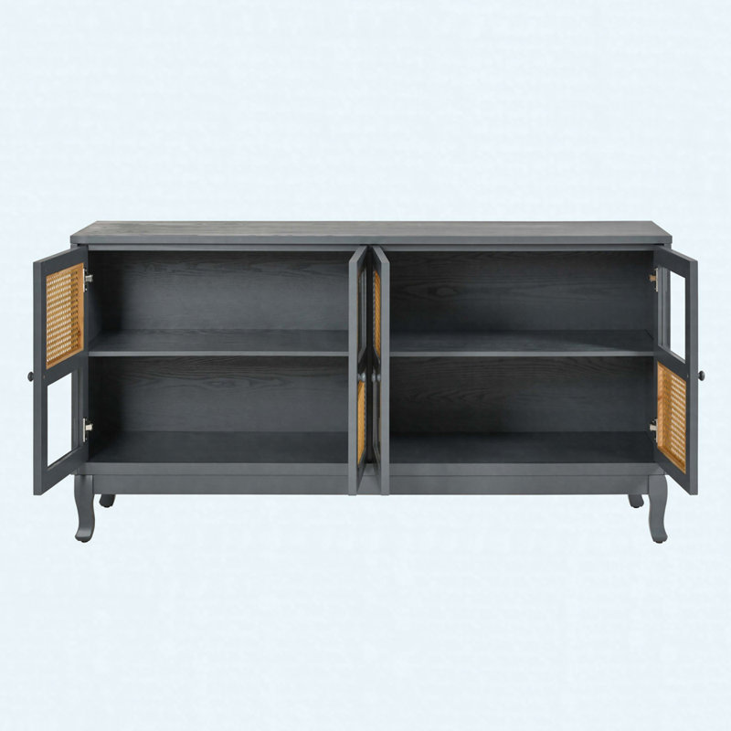 Buffet rétro à 4 portes avec portes en verre et en rotin artificiel, grande armoire de rangement avec tablette réglable, console décorative pour le salon, la salle à manger ou le vestibule