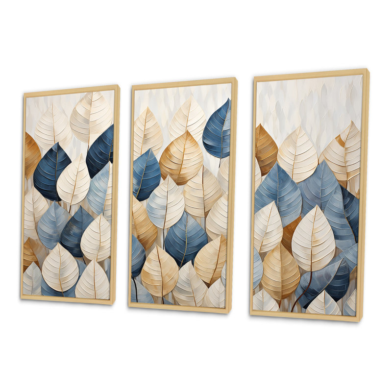 Ensemble de salon mural minimaliste beige et bleu avec feuilles I Collage I, Cadre naturel flottant