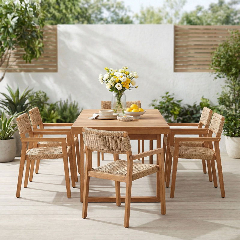 Outdoor 6-person Solid Wood Table And Dinning Chair Set With Umbrella Holes