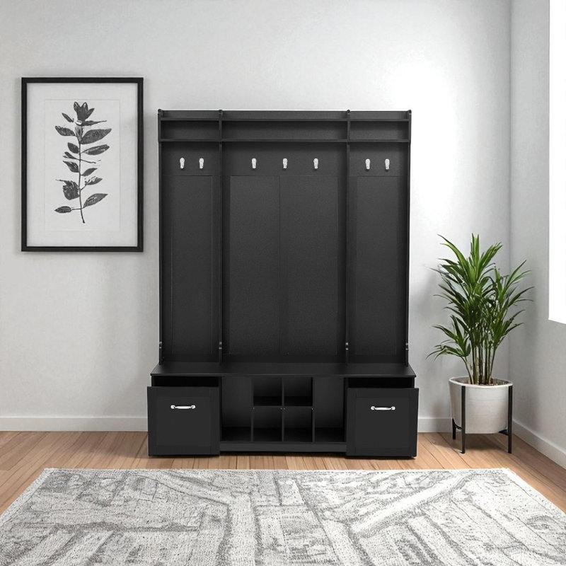 Hall Tree 58.8" Wide With Bench And Shoe Storage, Black