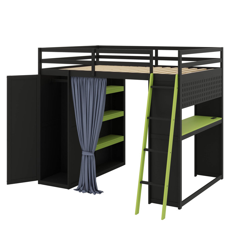 Lit mezzanine double avec garde-robe, tablettes, rideaux occultants et éclairage RVB, Noir/vert
