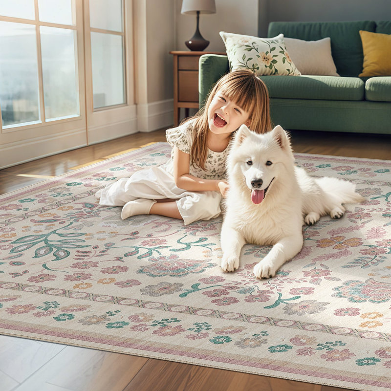 Floral Bohemian Area Rug, Vintage Washable Printed Boho Carpet for Living Room Bedroom, Non-Slip Farmhouse Entryway Mat, Pink