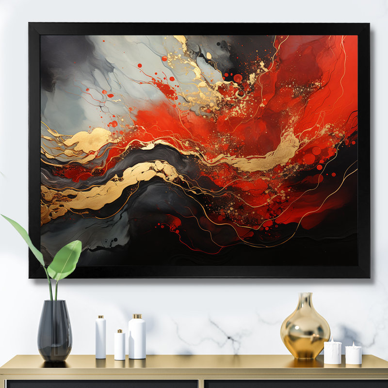 Rouge et feu de marbre doré I - art abstrait sur toile, Cadre d'angle fermé noir, H 34 po x l 44 po x P 1,5 po