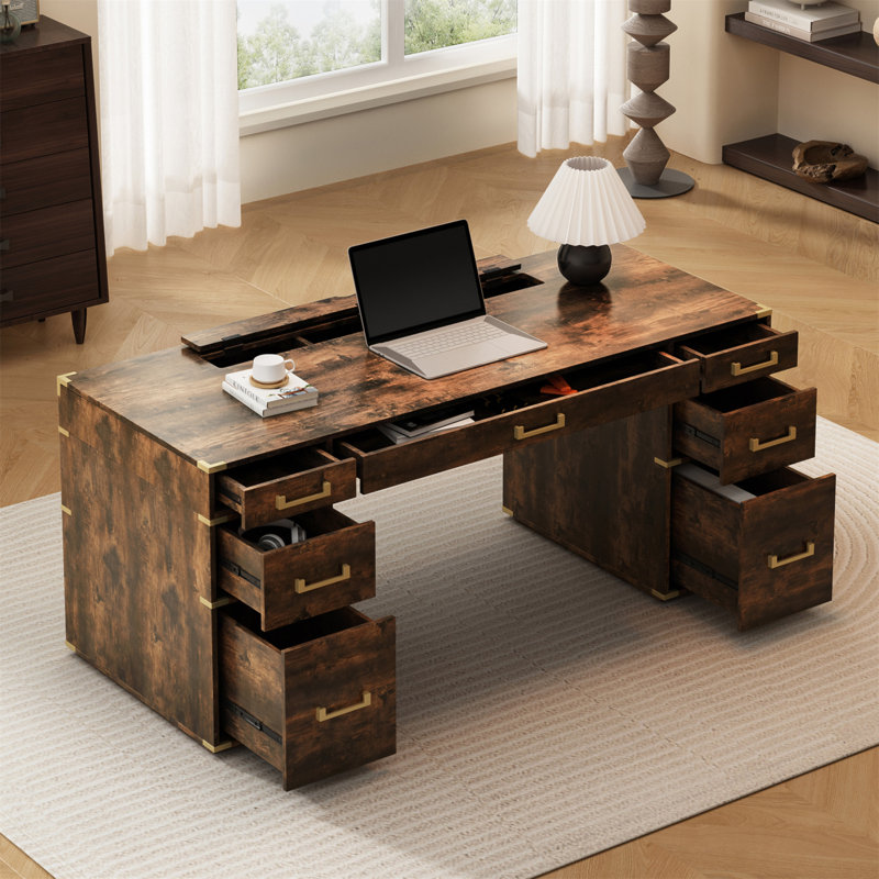 Bureau de direction classique et traditionnel avec bordure en métal, compartiment caché et plusieurs options de rangement