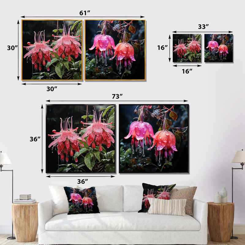 Pétale rose fuchsia coccinea fleurs I - ensemble de salon art mural fuchsia, Toile tendue, H 16 po x l 33 po x P 1 po