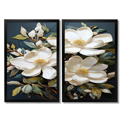 Blanc blanc jaune Magnolias Southern Charm Patchwork - art encadré Magnolias, ensemble de 2 décorations murales florales blanches