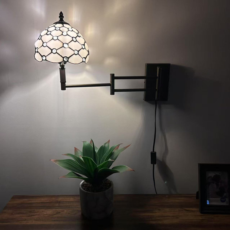 Tiffany Sconce Lamp Plug In Swing Arm Stained Glass Crystal Beans LED Bulb 13”W*8”D*15”H, White
