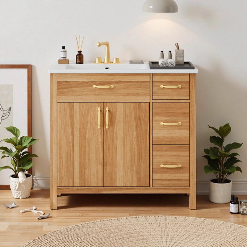 Meuble-lavabo de 36 po en bois massif avec portes et tiroirs à fermeture en douceur, tablette réglable, poignées dorées, armoire de rangement moderne pour petites salles de bain