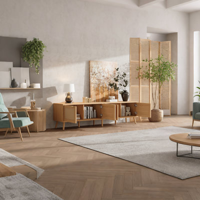 Meuble télé 70 po avec portes en rotin pour téléviseur de 80 po ou moins, console multimédia avec espace de rangement et trous pour câbles, centre de divertissement pour le salon