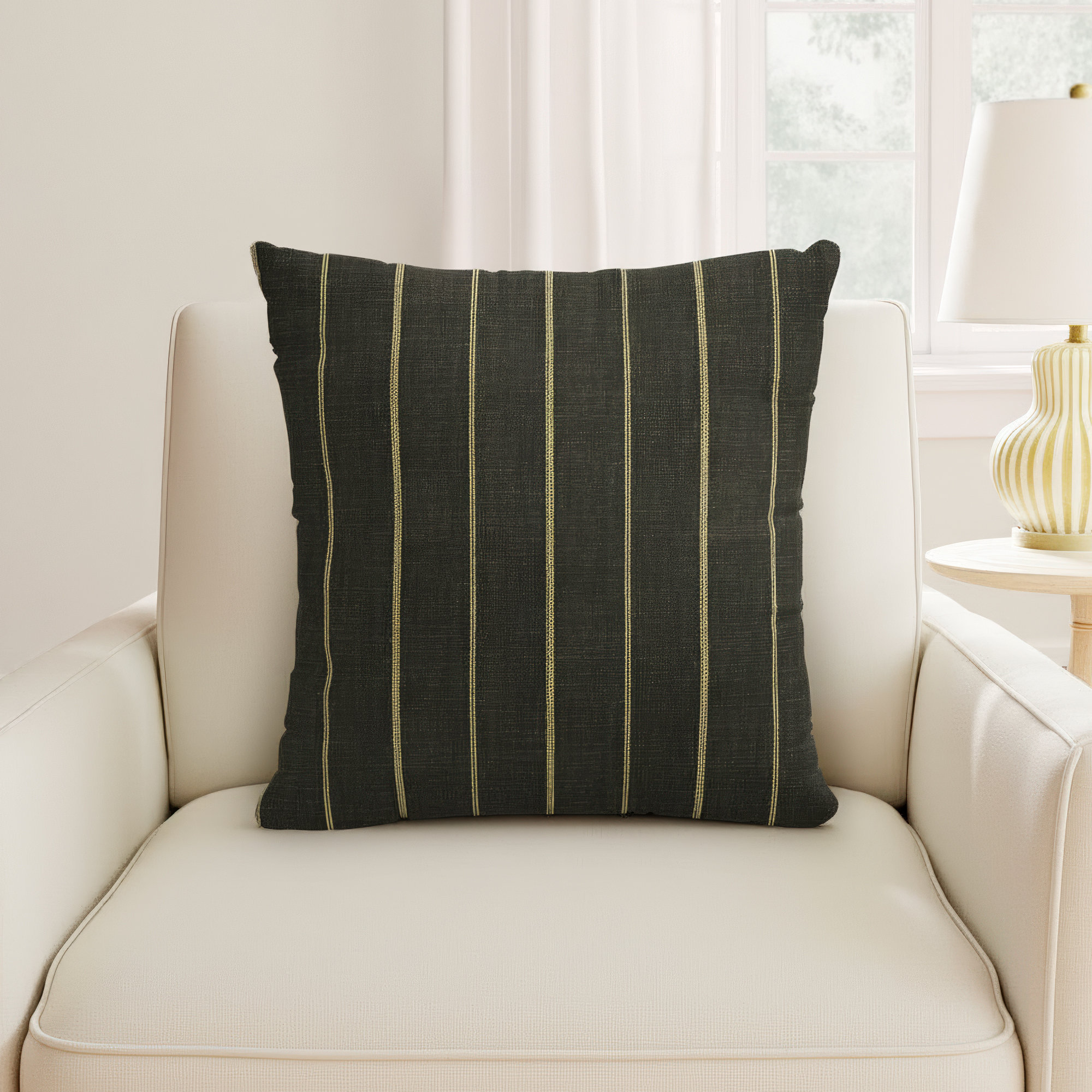 Clara Striped Cotton Pillow Cover, Black, Pillow Cover Only - No Insert, 20" x 20"