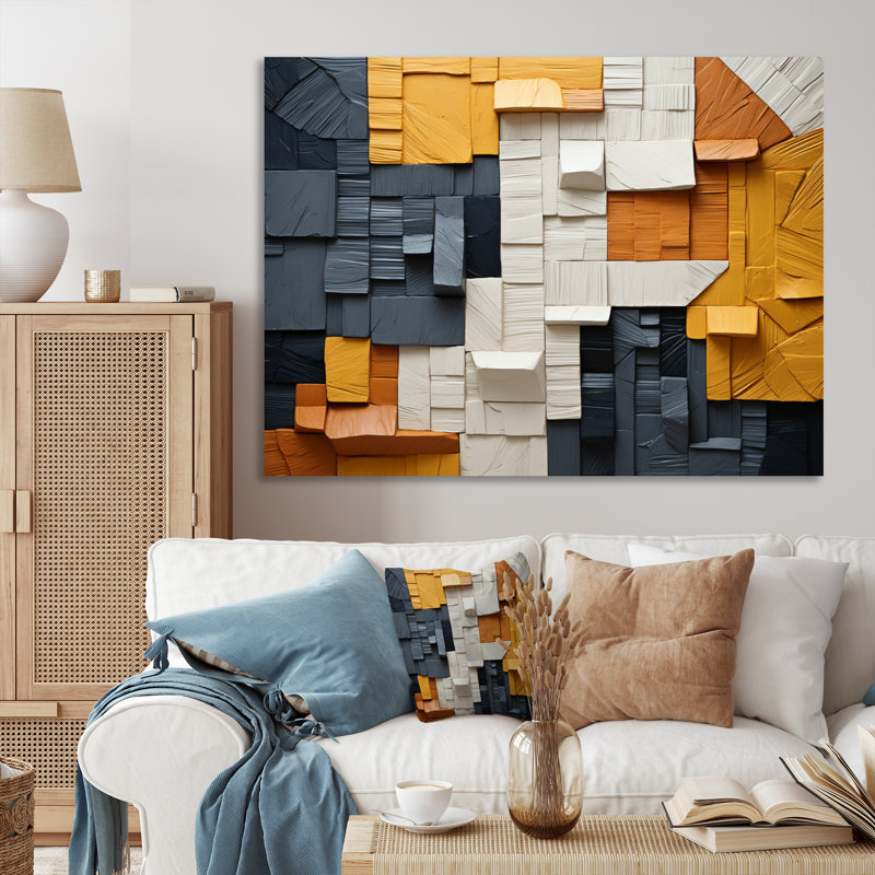Cubique jaune et fibre grise I - Imprimé, H 16 po x l 32 po x P 1 po, Toile tendue