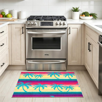 Clear Machine Washable,Tropical Aqua Palms with Stripes Indoor Area Rug
