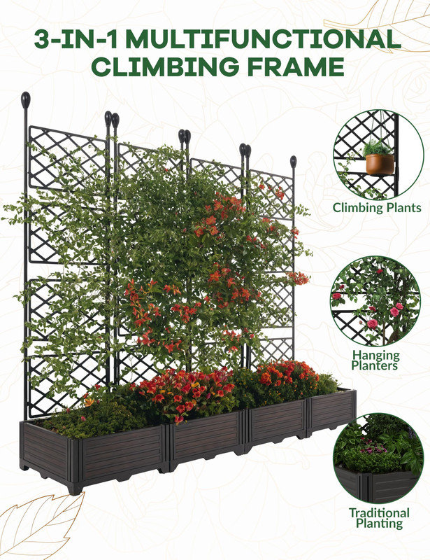 Ensemble de boîte à fleurs en plastique 4 pièces avec treillis en métal, écran d'intimité H 48,8 po pour plantes grimpantes, lit de jardin surélevé pour la terrasse du balcon
