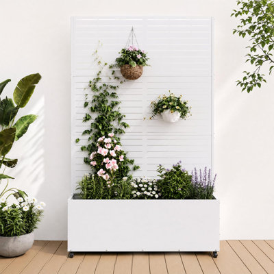 Metal Planter Box with Trellis and Wheels – 71" x 47" x 16", Drainage Holes, Rust-Resistant Galvanized Steel, 360° Locking Casters for Patio, Balcony & Garden