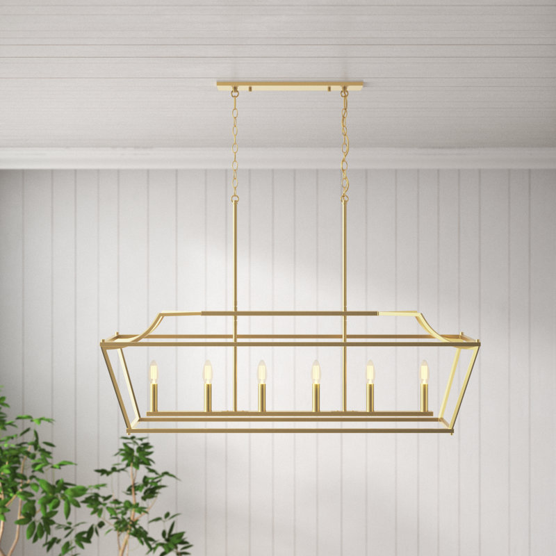 6 - Light Kitchen Steel Dimmable Rectangle Chandelier, UL Certified, Satin Brass