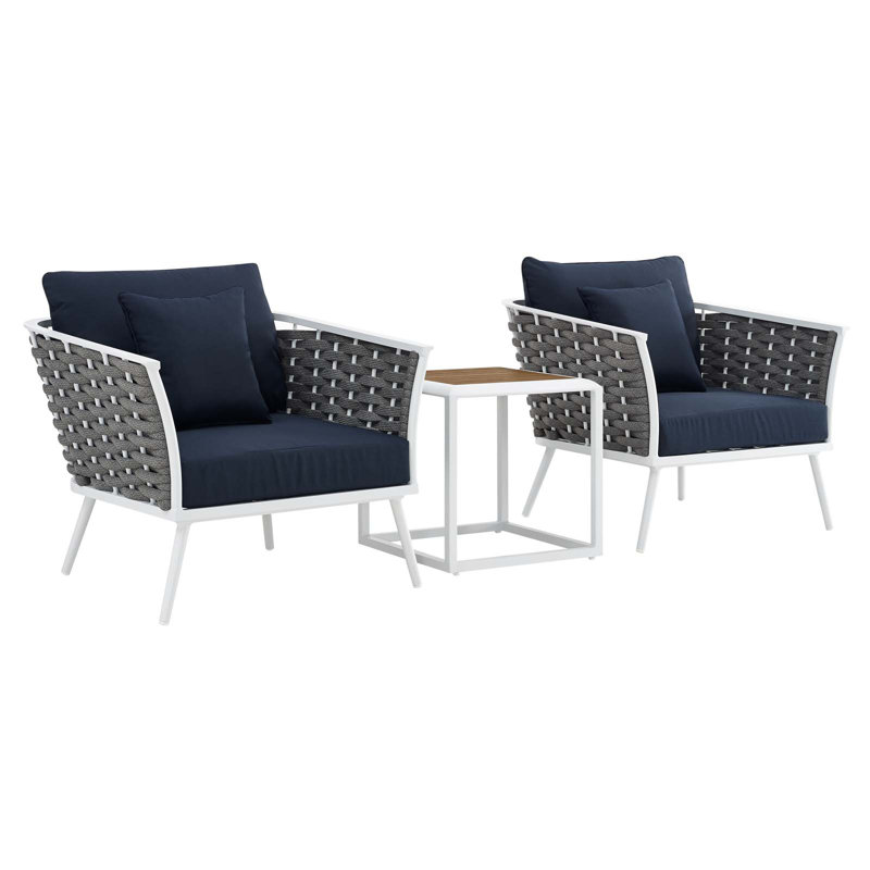 Modway Stance 3 Piece Outdoor Patio Aluminum Sectional Sofa Set, Navy, White