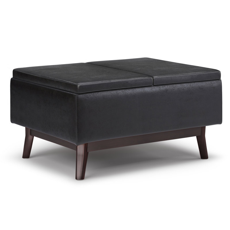 Repose-pieds capitonné rectangulaire Mid-Century avec plateau Owen, Similicuir noir vieilli