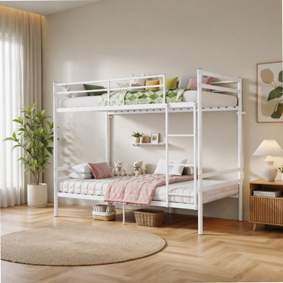 Bunk Bed with Ladder and high Guardrail Metal Bunk Bed, Storage Space, Noise Free,Twin Over Twin Size,WHITE