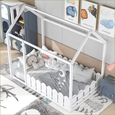 Twin Size Pine Wood House Bed Frame with Fence White for Teens - Slats Not Included