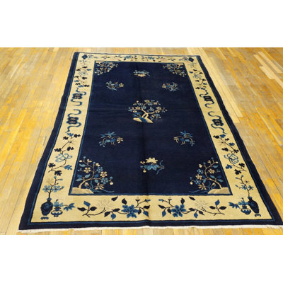 Antique Navy Blue Open Field Floral Tree Medallion Chinese Peking Rug