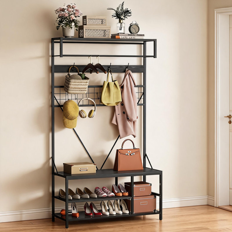 Arbre d'entrée 5 en 1 avec banc, portemanteau d'entrée avec tablette réglable, rangement pour chaussures, tringle à vêtements et support de rangement à 9 crochets