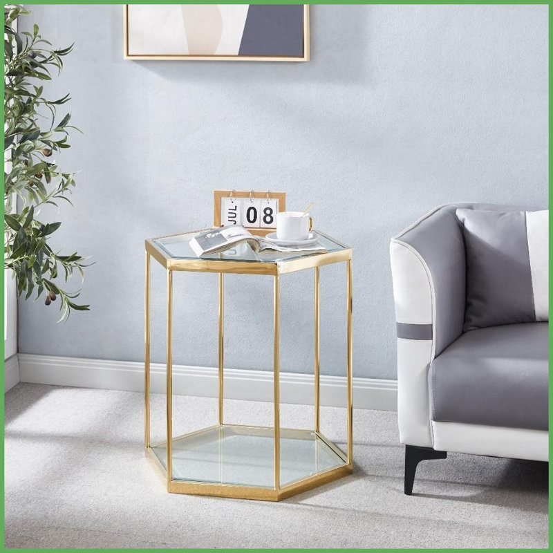Table basse moderne en verre avec structure en acier inoxydable doré, rangement à 2 niveaux peu encombrant, facile à nettoyer