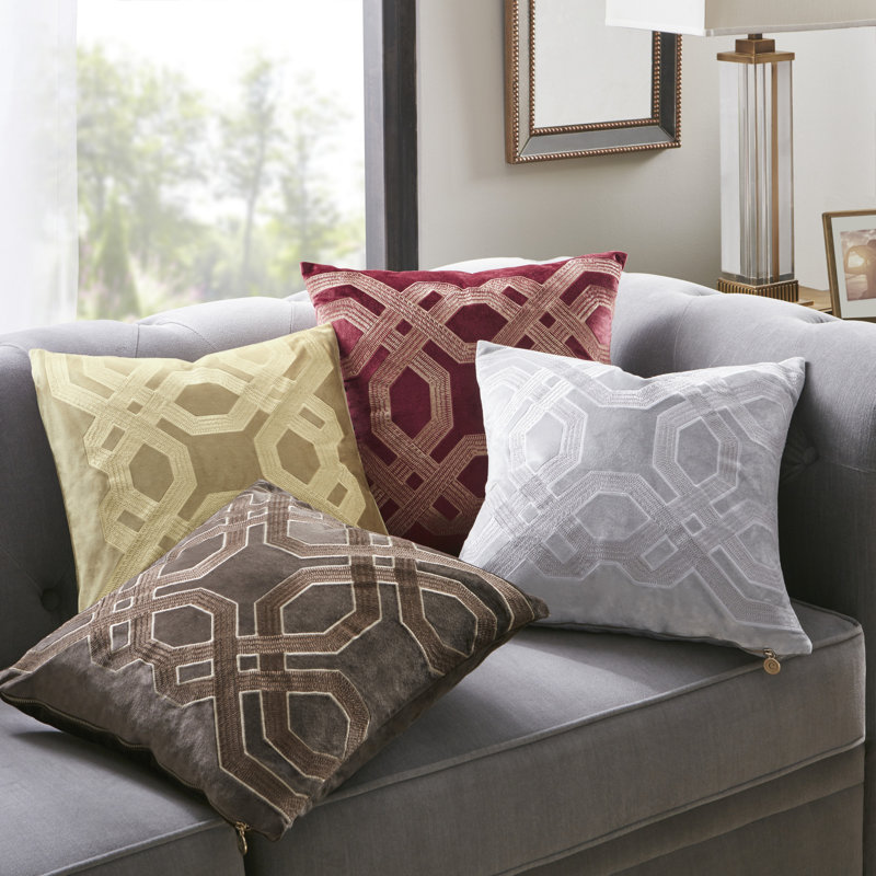 Silver Embroidered Square Pillow with Goose Feather Insert
