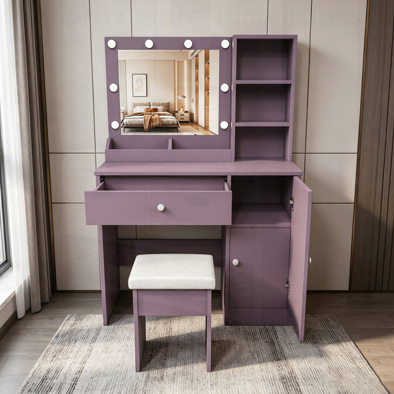 Ensemble de bureau de coiffeuse élégant avec tabouret rembourré et miroir lumineux réglable, parfait pour les chambres modernes et les petits espaces
