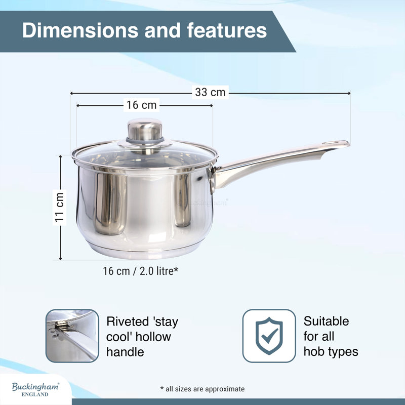 Buckingham Stainless Steel Deep Saucepan with Glass Lid Induction Compatible 16 cm 2 Litres  