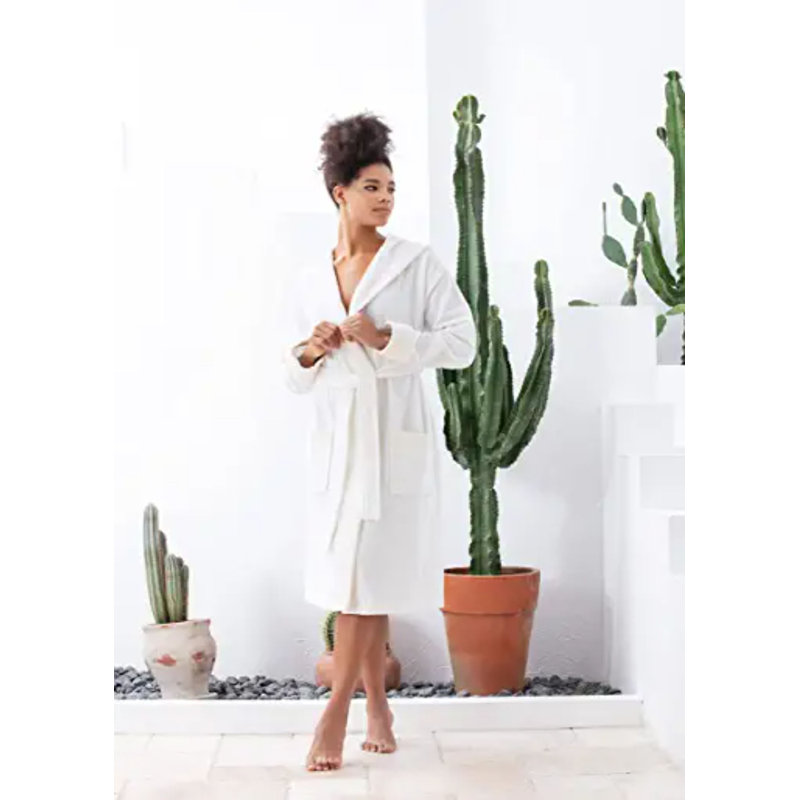 Peignoir 100% coton en ratine avec poches et capuche, L, Blanc