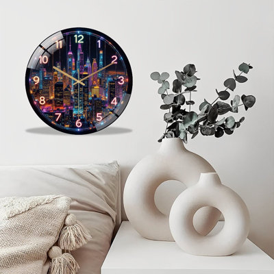12-Inch Silent Tempered Glass Wall Clock, " Giant Cityscape Wall Clock with Colorful Led Lights ” Silent Non-Ticking Clock, Battery Operated (AA Batteries Not Included), Artistic Home Decor