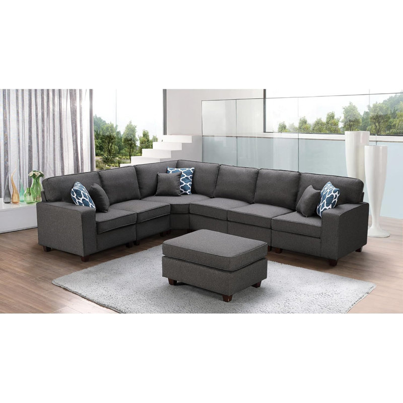 Musica Dark Gray Linen 7Pc Modular Sectional Sofa and Ottoman