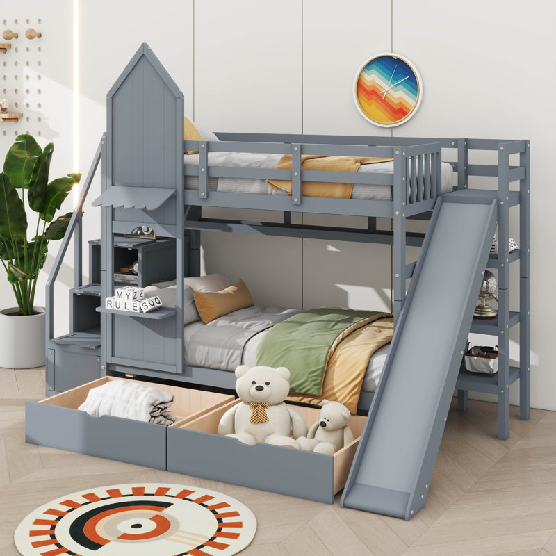 Lit superposé de style château avec deux tiroirs, trois tablettes et une glissade, Simple, Gris