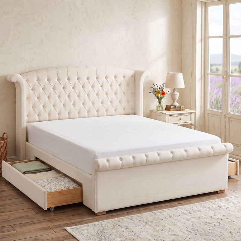 Lit-bateau tapissier à oreilles avec 2 tiroirs de rangement, grand lit, velours crème, Cream, Grand