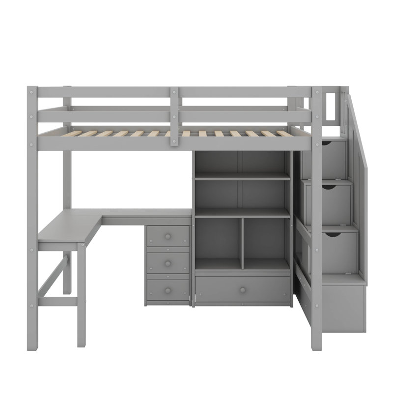 Lit mezzanine double avec bureau et tiroirs, Gris