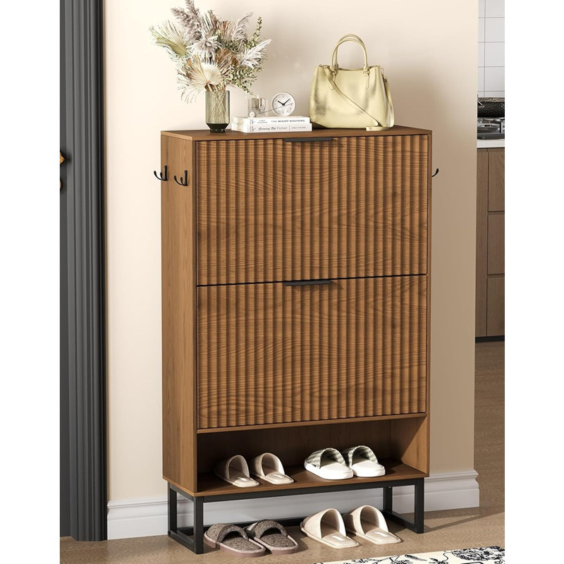 Narrow Hidden Shoe Storage Cabinet With Metal Legs, 2 Flip Drawers, Slim Shoe Organizer For Entryway, Hallway, Living Room, Walnut
