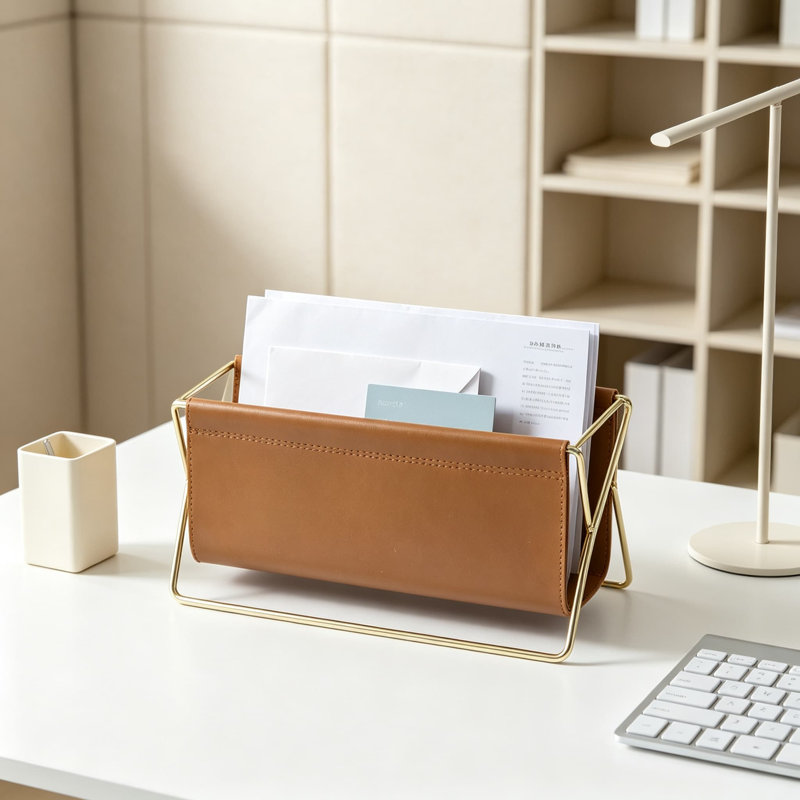 Porte-lettres Mid-Century en similicuir caramel