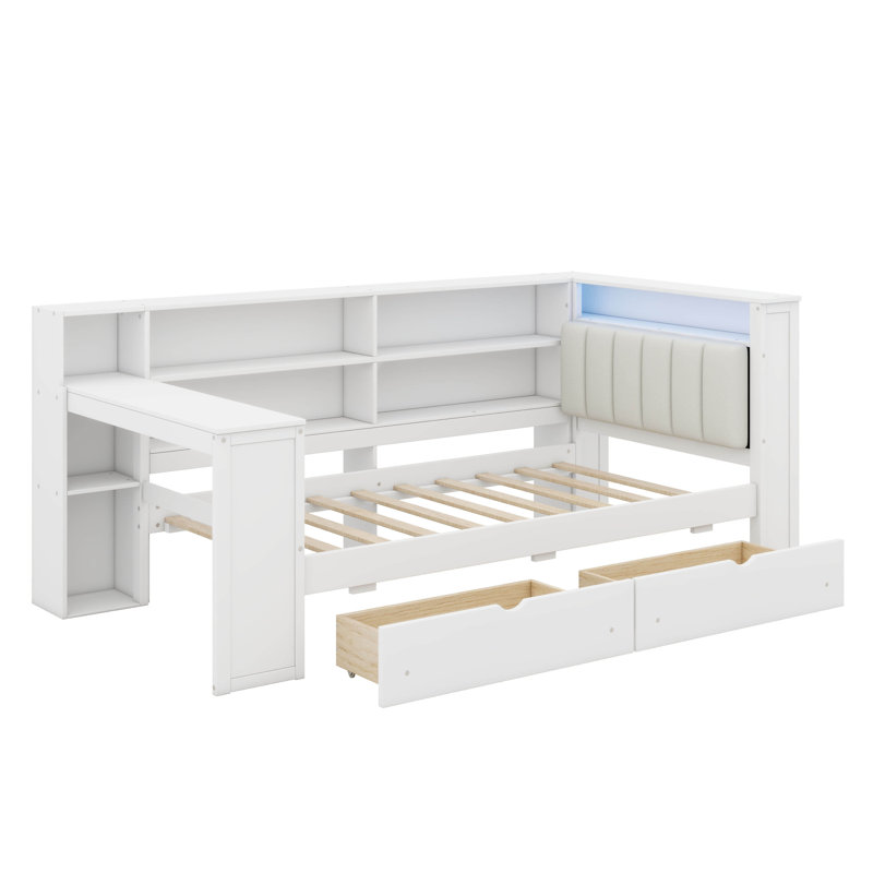 Lit de jour avec bureau et DEL et station de charge, lit de jour en bois avec tiroirs, tablettes et tête de lit tapissier