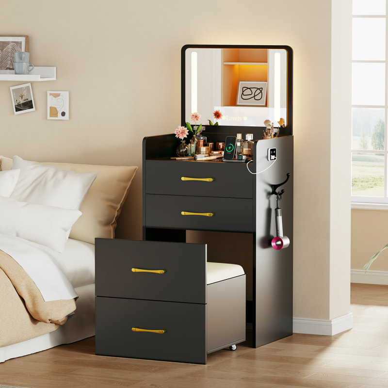 Bureau de coiffeuse 3 en 1 avec miroir et lumières, Noir