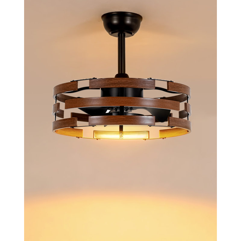 20" Caged Ceiling Fan with Lights, Farmhouse Fandelier with Remote, Dark Walnut