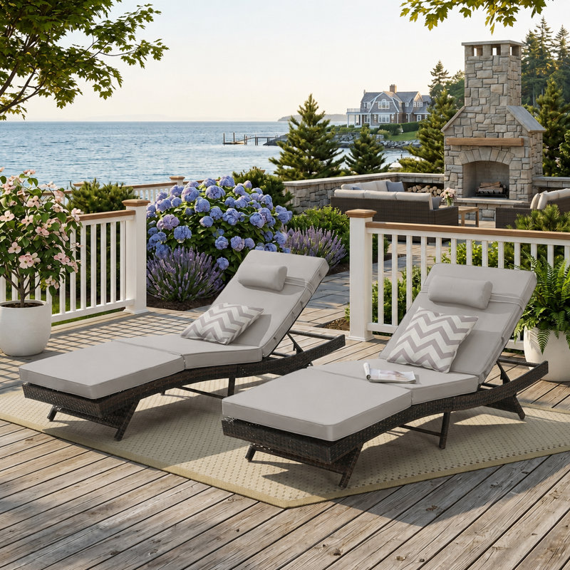 Modern All-Weather Wicker Patio Chaise Lounge Set of 2 with Cushions, Light Gray