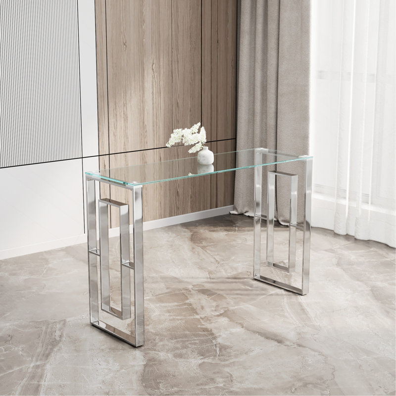 Console en verre d'acier inoxydable, table d'appoint repas argentée transparente BS-02 S
