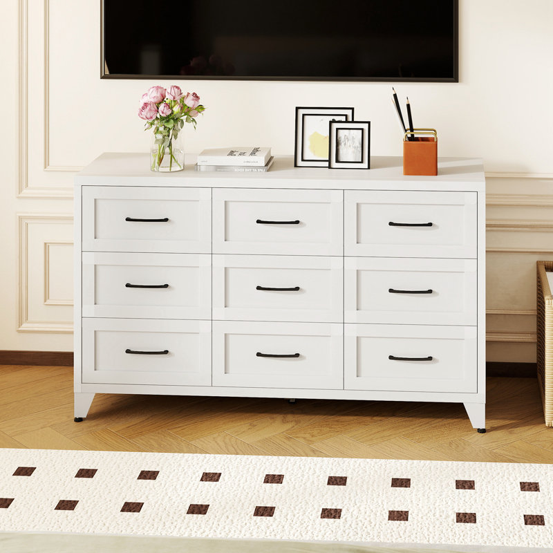 Commode en bois avec 9 tiroirs et pieds robustes, White