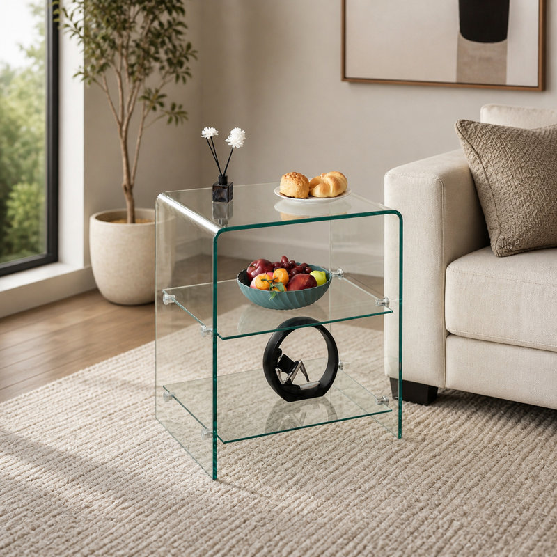  23.6-Inch Clear Bent-Glass End Table with 2 Shelves