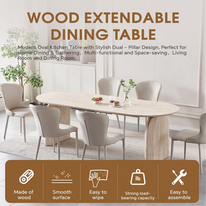 Table de salle à manger en bois extensible, table de cuisine ovale moderne avec un design à deux piliers élégant, parfait pour la salle à manger et le rassemblement, multifonctionnel et peu encombrant