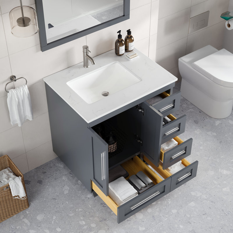 Loon 30 po Meuble-lavabo simple gris foncé avec comptoir en quartz de Carrare et lavabo encastré en porcelaine, Gris foncé