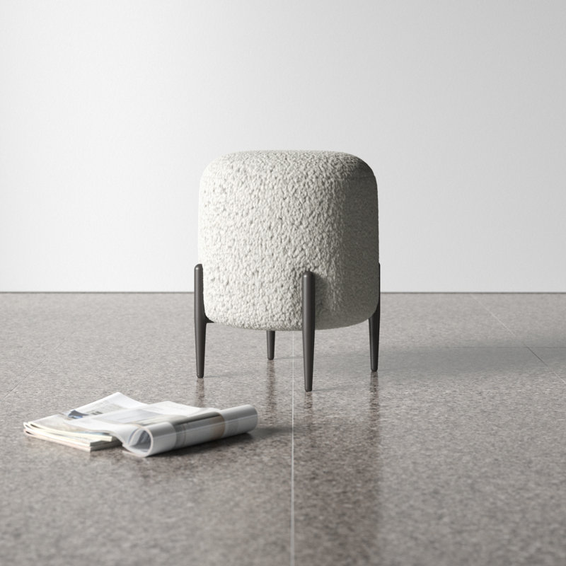 White Faux Shearling Round Ottoman with Black Metal Legs