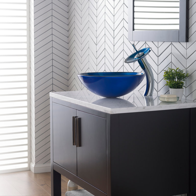 Irruption Glass Circular Vessel Bathroom Sink with Faucet, Chrome, Blue