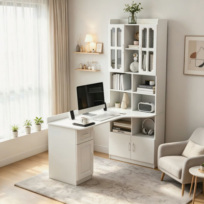 White Modern L-Shaped Corner Computer Desk with Drawers, Bookshelf & Hutch, 2-in-1 Space Saving Home Office Study Workstation with Large Working Space